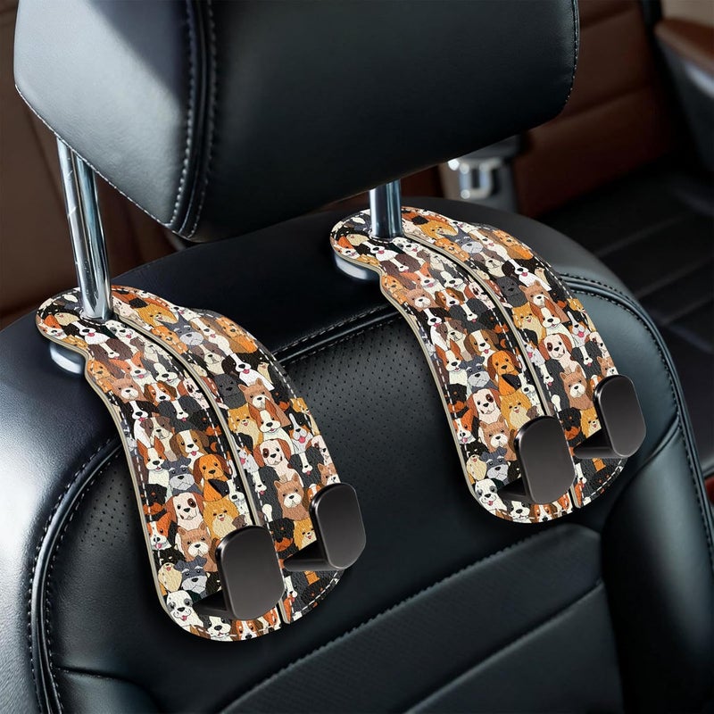 Blusabaca 2PCS Car Seat Back Storage Headrest Hooks, Cute Dogs Puppy Purse Holder Bags Hanger, PU Leather Double Metal Hook for Backseat Organizer, Women Car Accessories Organization - Image 1
